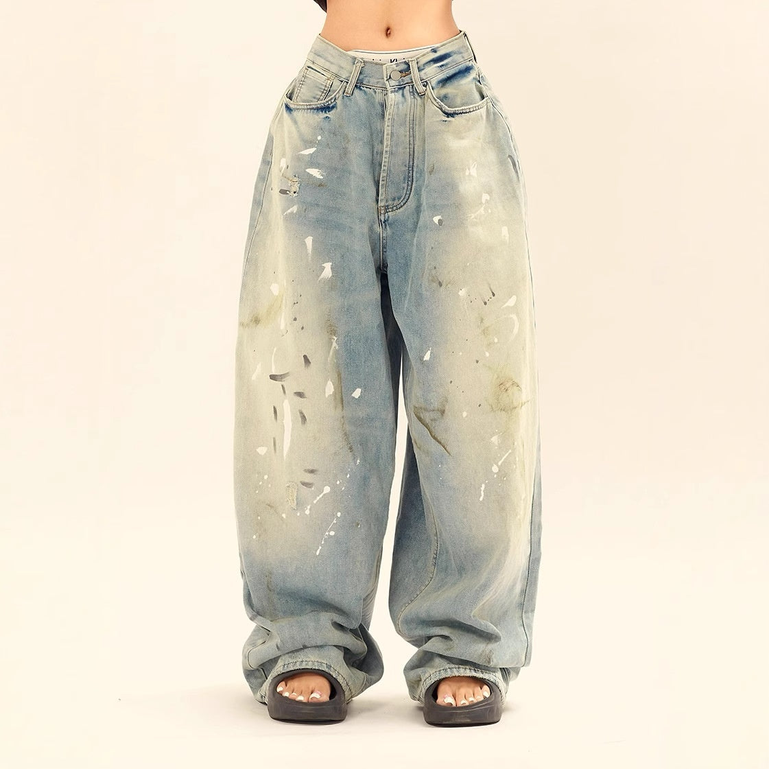 Washed Distressed Casual Loose Wide-leg Jeans Splash-ink Design Slimming Unisex Style Mop Pants Men And Women