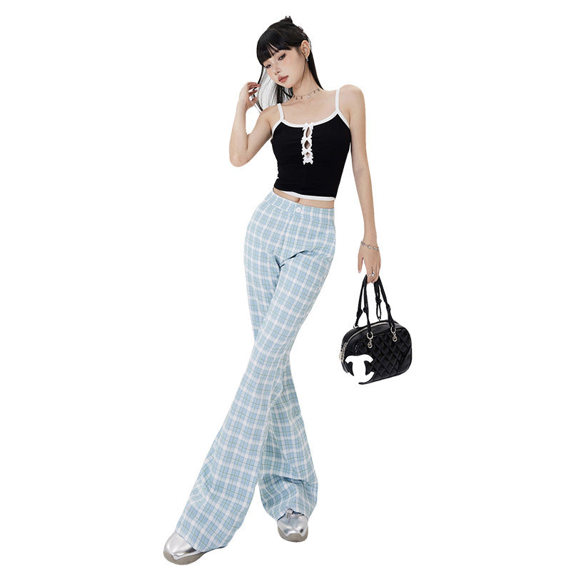 Retro Blue Plaid Casual Pants For Women