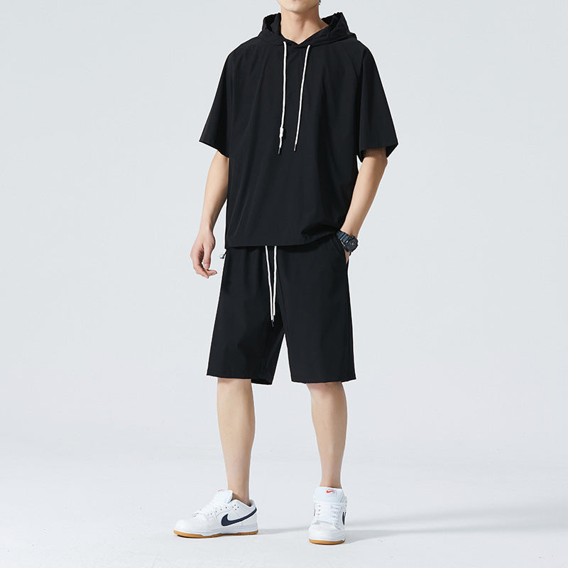 Men's Ice Silk Hooded High Street Short Sleeve T-shirt Shorts Set