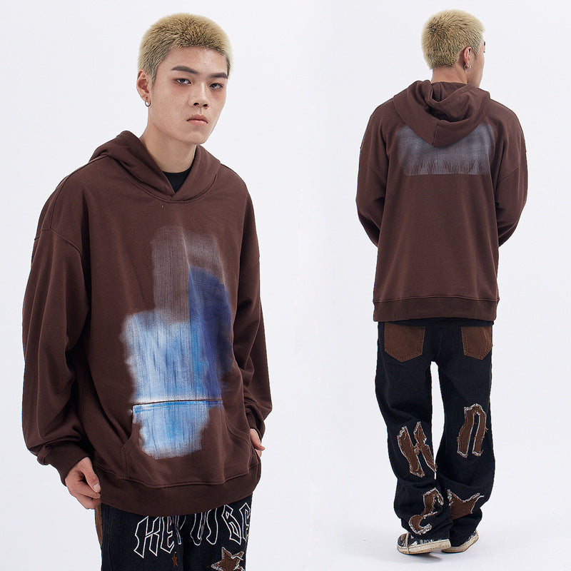 Vintage Creative Blurred Image Washed Hooded Sweatshirt For Men