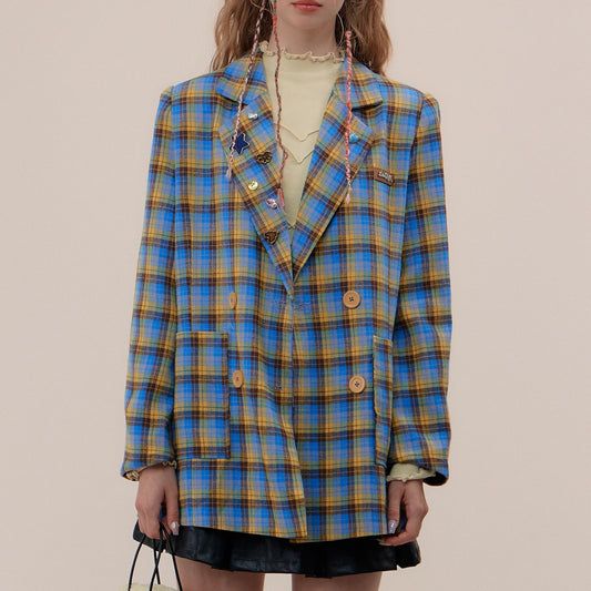 Blue And Yellow Checks Casual Suit Jacket Women