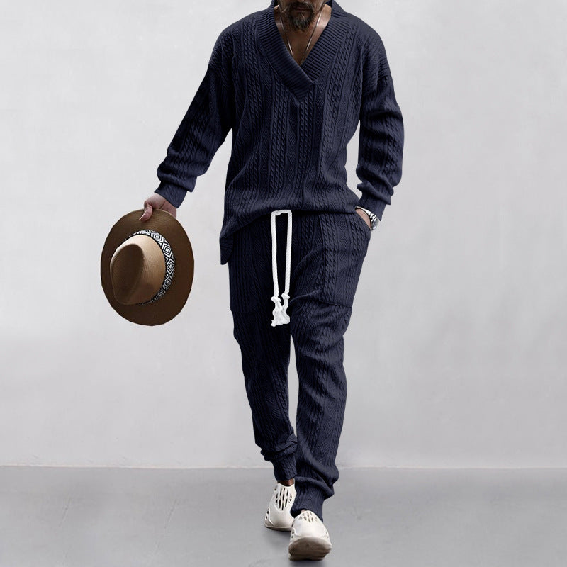 Men's Casual Trousers V-neck All-matching Jacquard Sweater Set