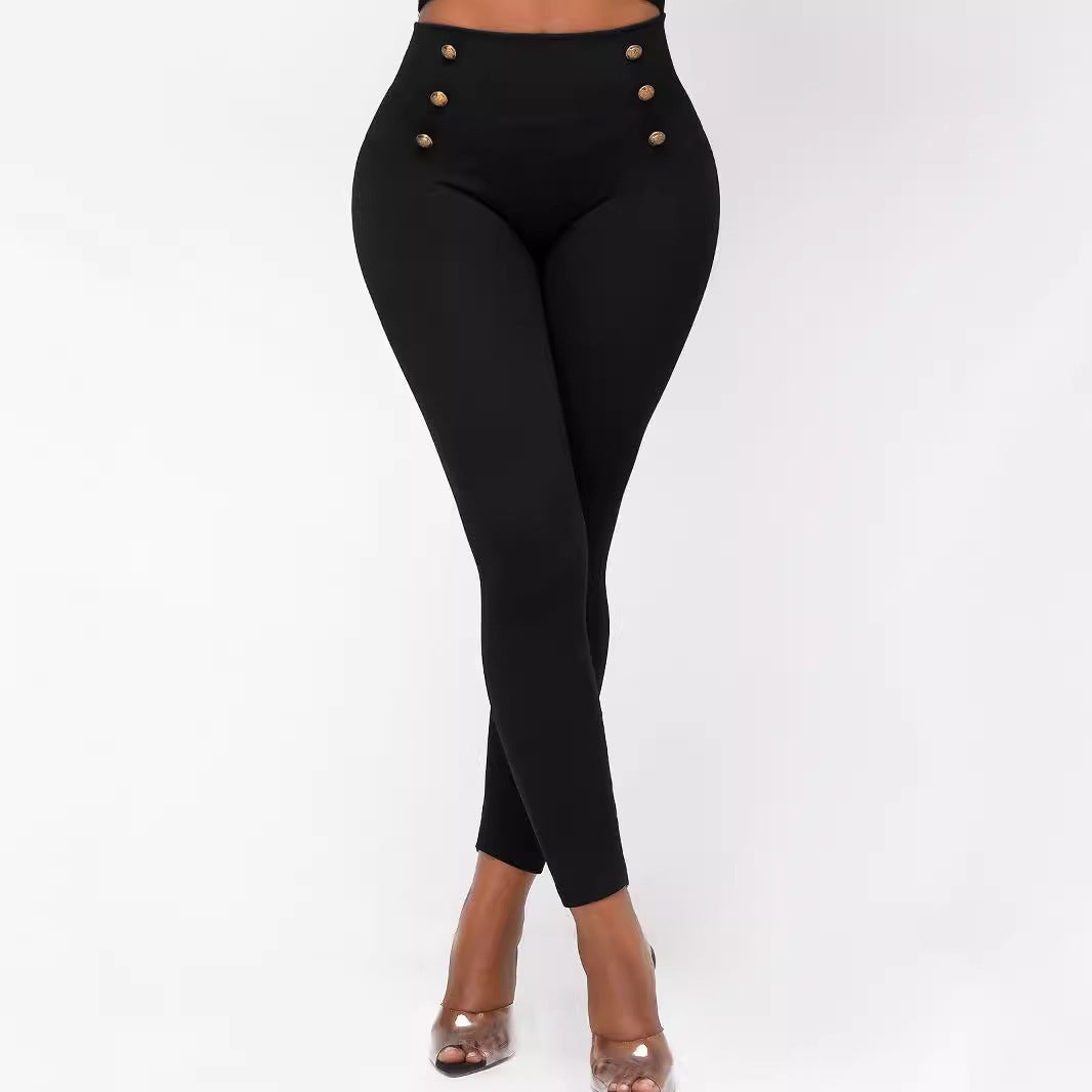 High Waist Button Solid Color Slim Fit Hip Skinny Pants