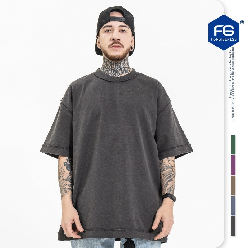 Heavyweight Washed Solid Color Dropped T-Shirt For Men