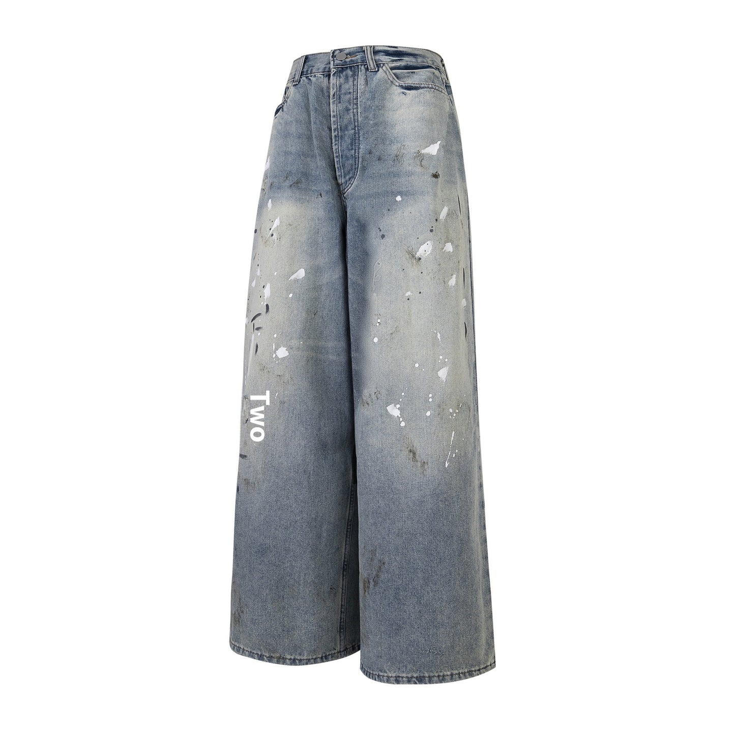 Washed Distressed Casual Loose Wide-leg Jeans Splash-ink Design Slimming Unisex Style Mop Pants Men And Women