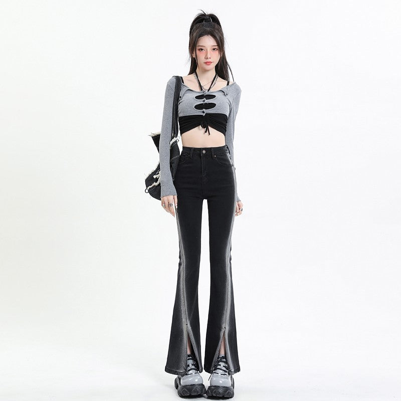 New Black Gradient Split Skinny Jeans For Women