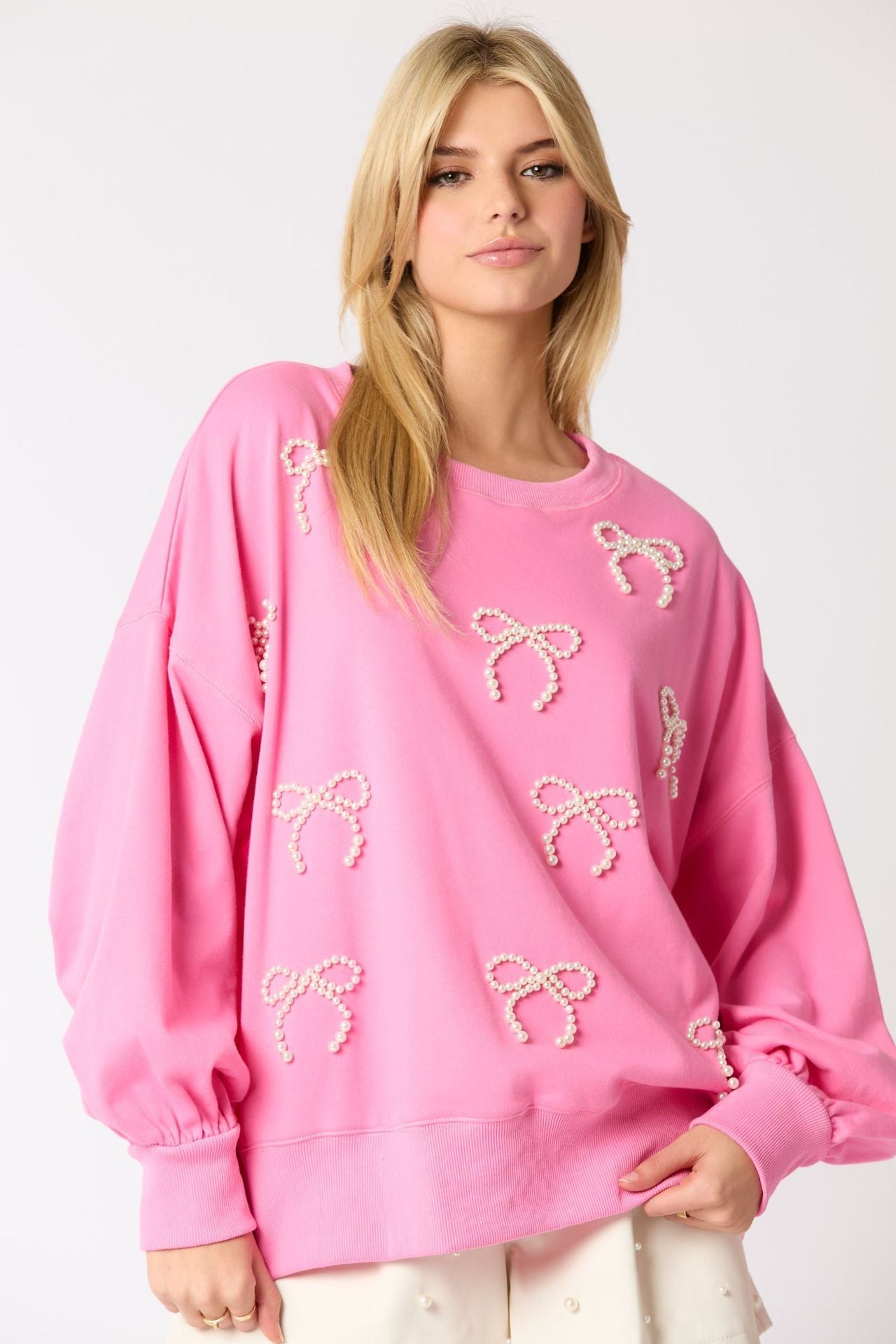 Women's Pearl Bow Decoration Long Sleeve Casual Sweatshirt