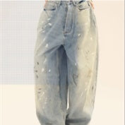 Washed Distressed Casual Loose Wide-leg Jeans Splash-ink Design Slimming Unisex Style Mop Pants Men And Women