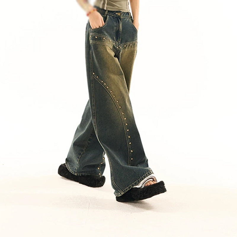 Washed-out Vintage Blue Washed Low Waist Jeans For Women