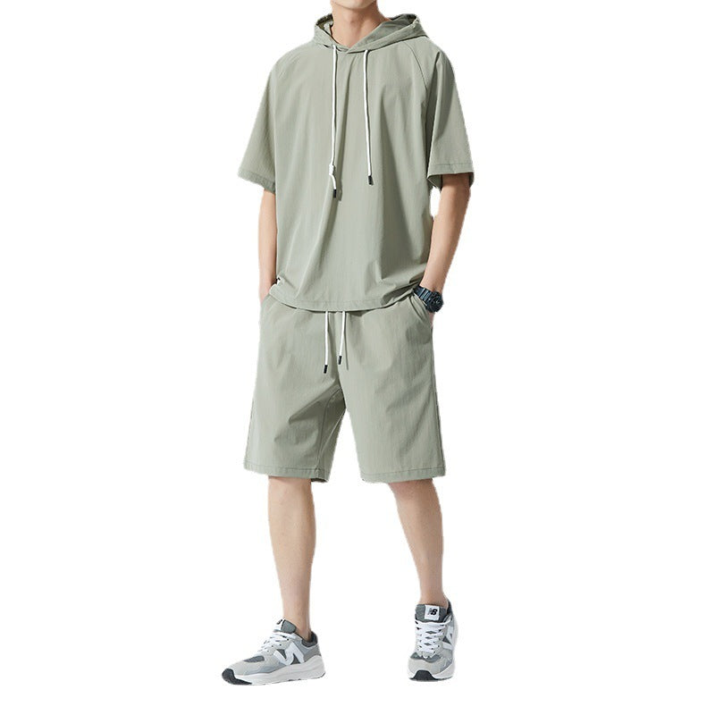 Men's Ice Silk Hooded High Street Short Sleeve T-shirt Shorts Set