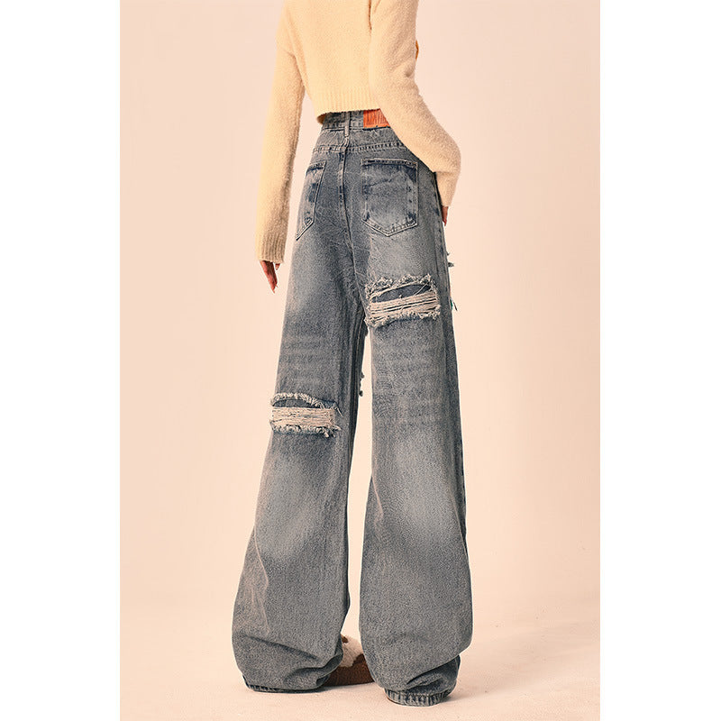 Ripped Jeans Women Loose Straight Wide Leg Oversized Trousers