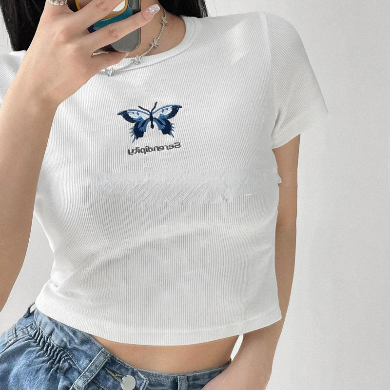 Round Neck Tight Chest Butterfly Embroidery High Waisted Short T-shirt For Women