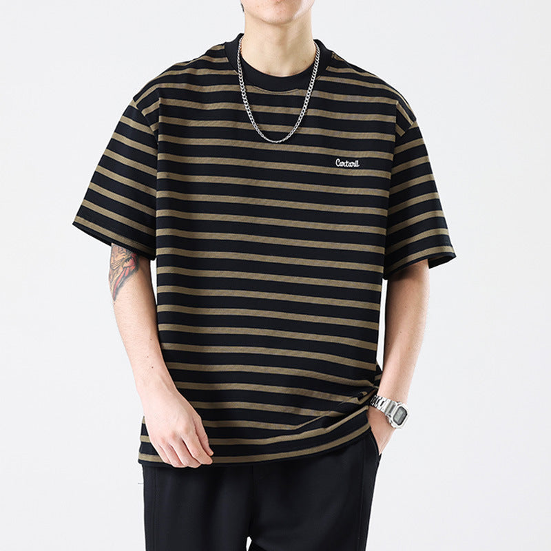 American Fashion Brand Striped T-shirt Men's Loose-fitting Casual Round-neck Short Sleeve Half Sleeve Shirt