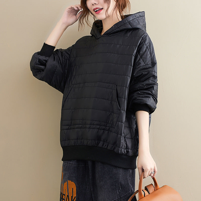 Winter New All-match Preppy Style Solid Color Hooded Loose Long-sleeved Cotton Jacket Jacket Women