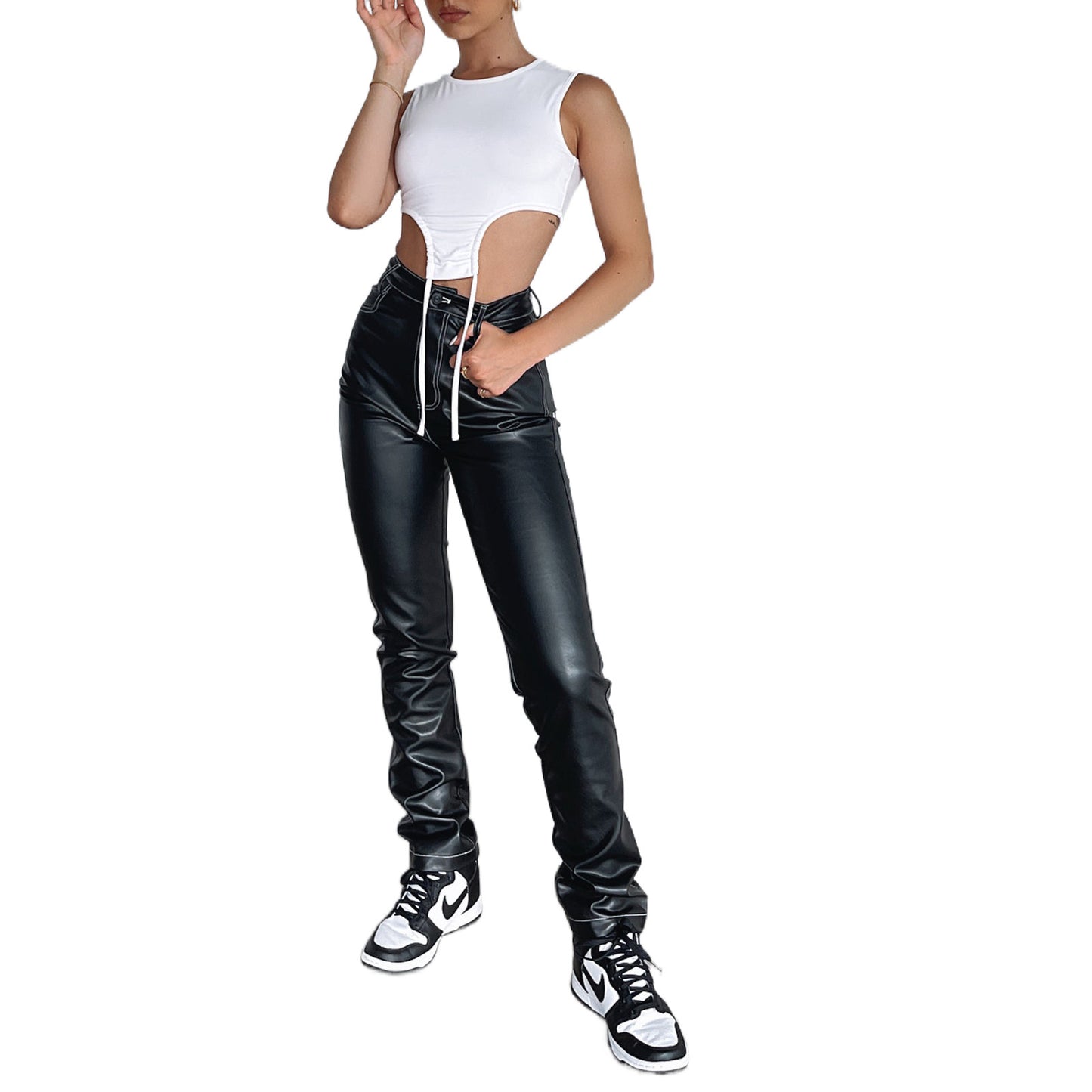 High Elasticity PU Leather Pants As A Base For Women